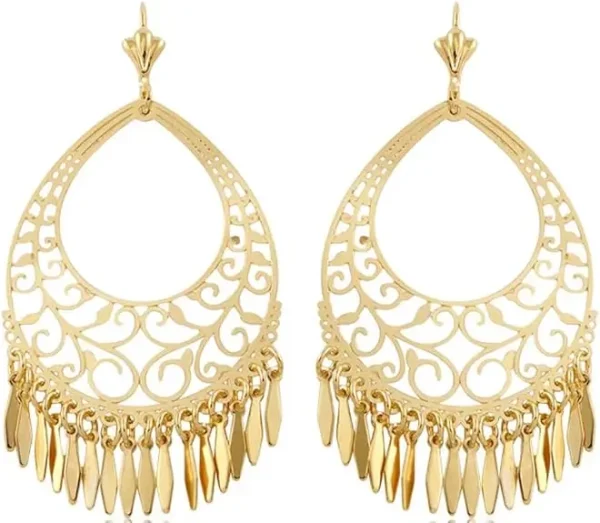 Barzel 18K Gold Plated Filigree Cut-out Dangling Chandelier Earrings - Made in Brazil