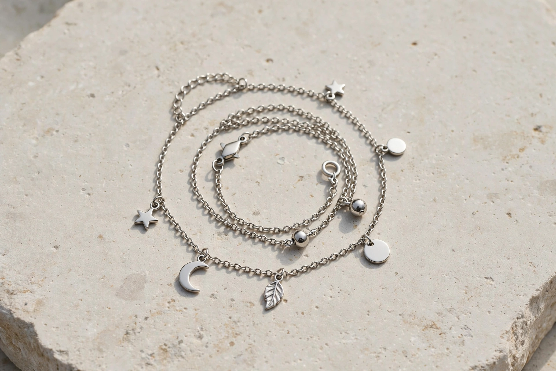 Illustrative styling image of a stainless steel charm anklet coiled on a stone surface