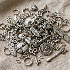 Illustrative styling image of mixed silver metal charms and pendants on a craft surface