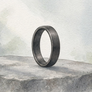 Illustrative plain dark metal wedding band standing upright on a grey stone surface