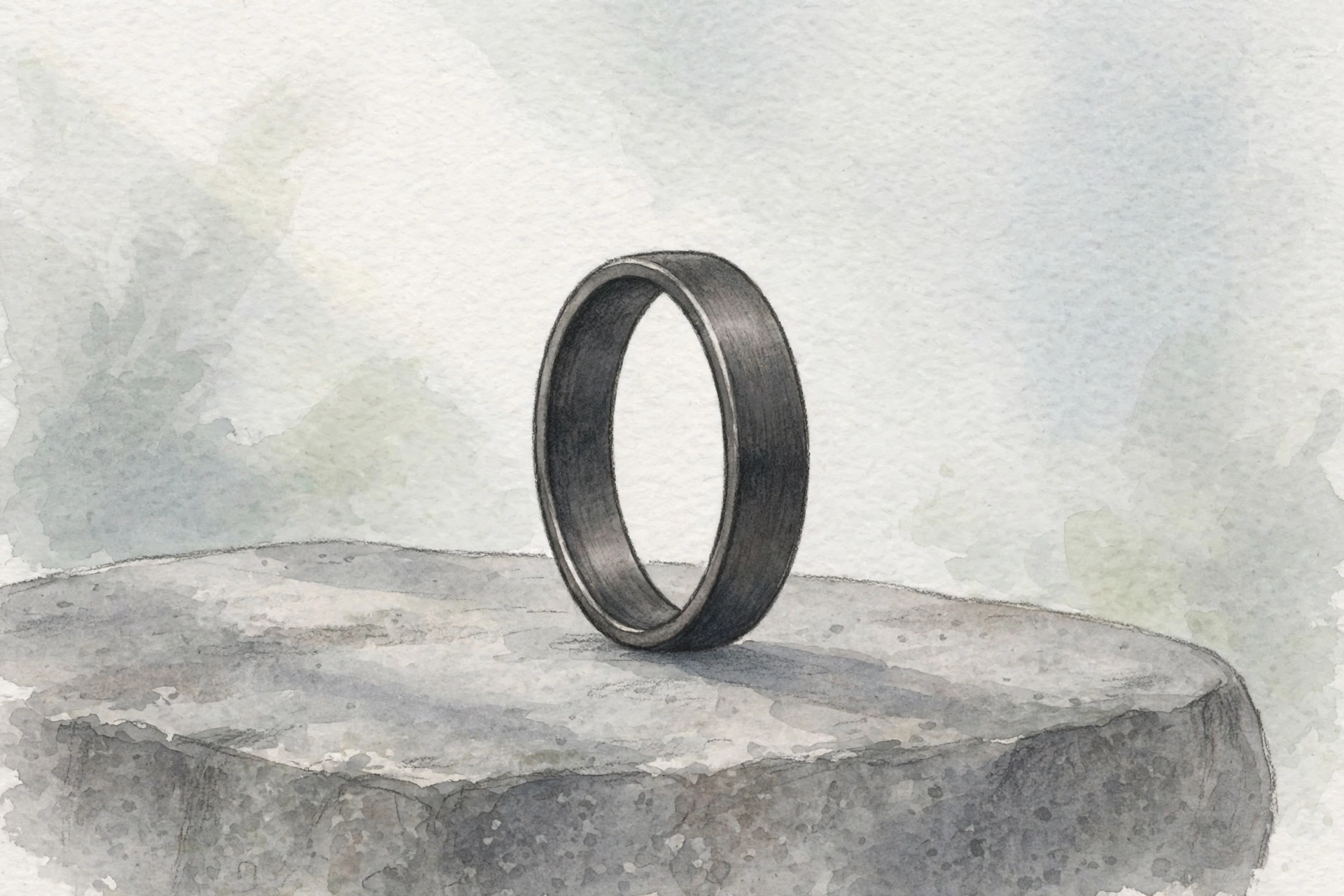 Illustrative plain dark metal wedding band standing upright on a grey stone surface