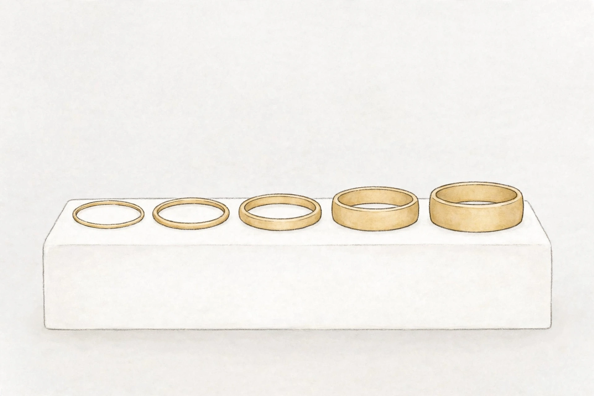 Illustrative plain wedding bands in graduated widths lined up on a white display block
