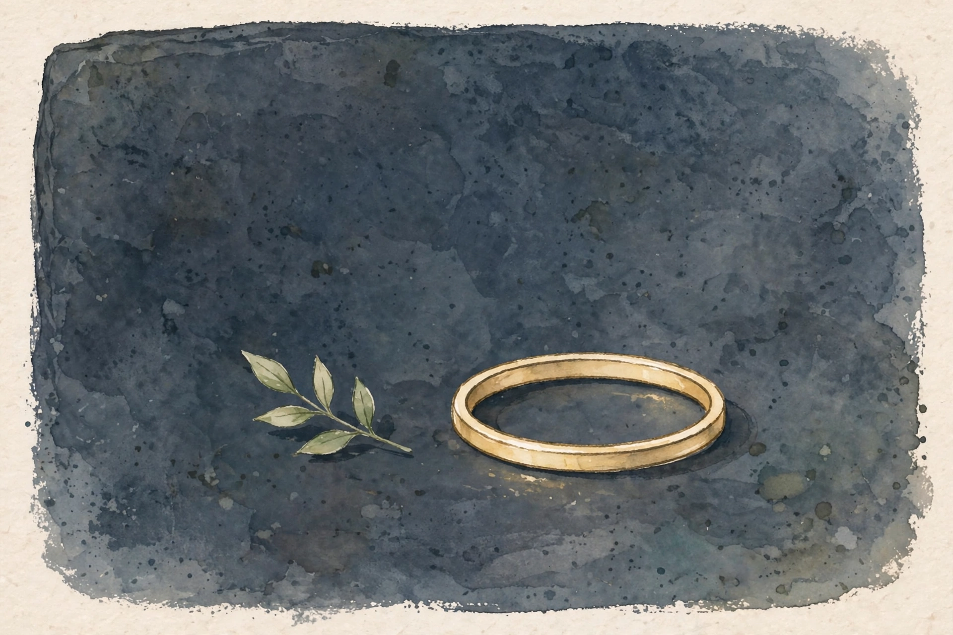 Illustrative simple metal wedding band resting on dark slate beside a small leaf