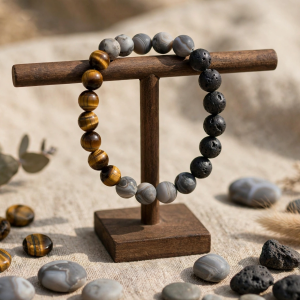 Illustrative styling image of a men's beaded bracelet with tiger eye, agate and lava rock beads on a stand