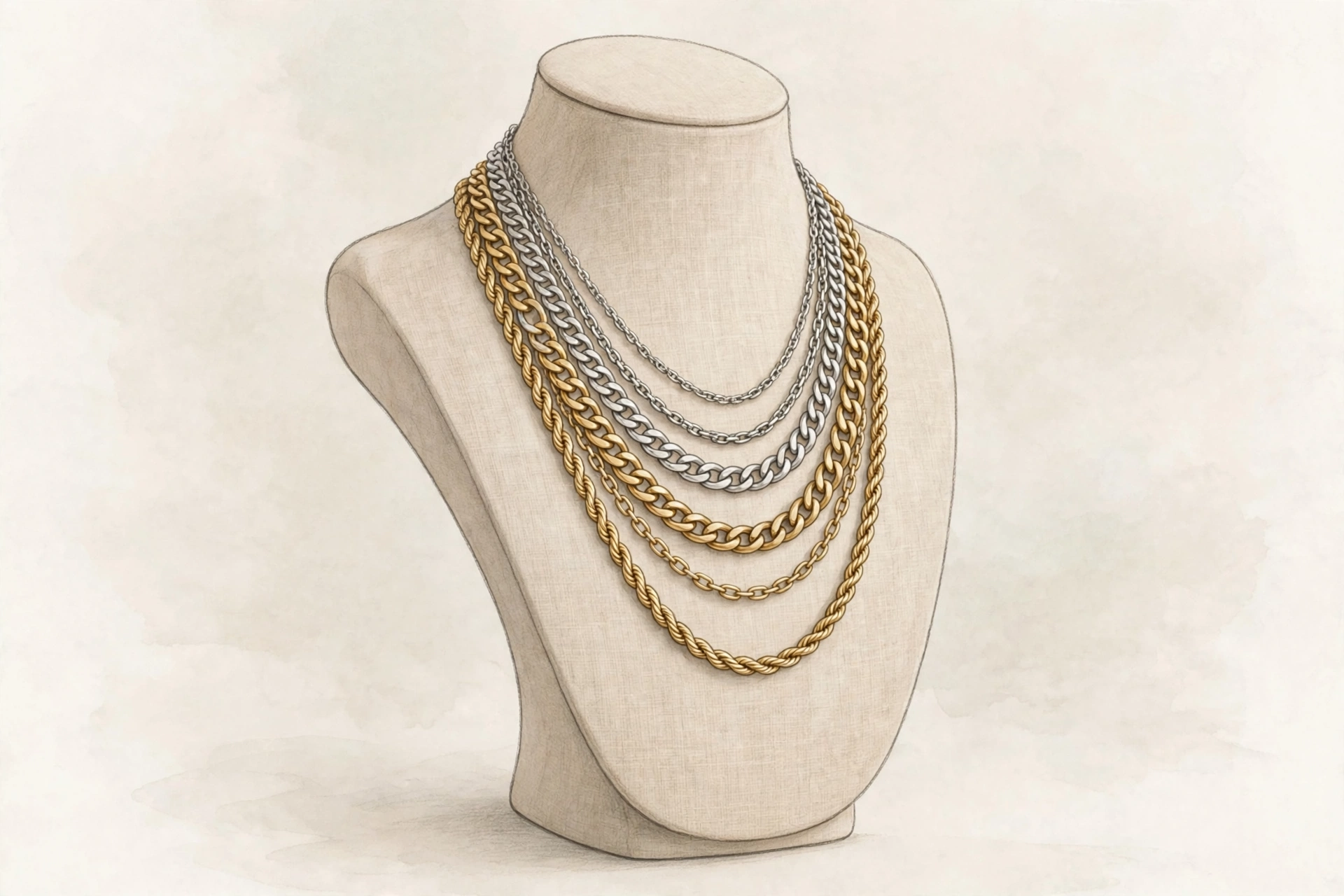 Illustrative styling image of layered chain necklaces displayed on a stand
