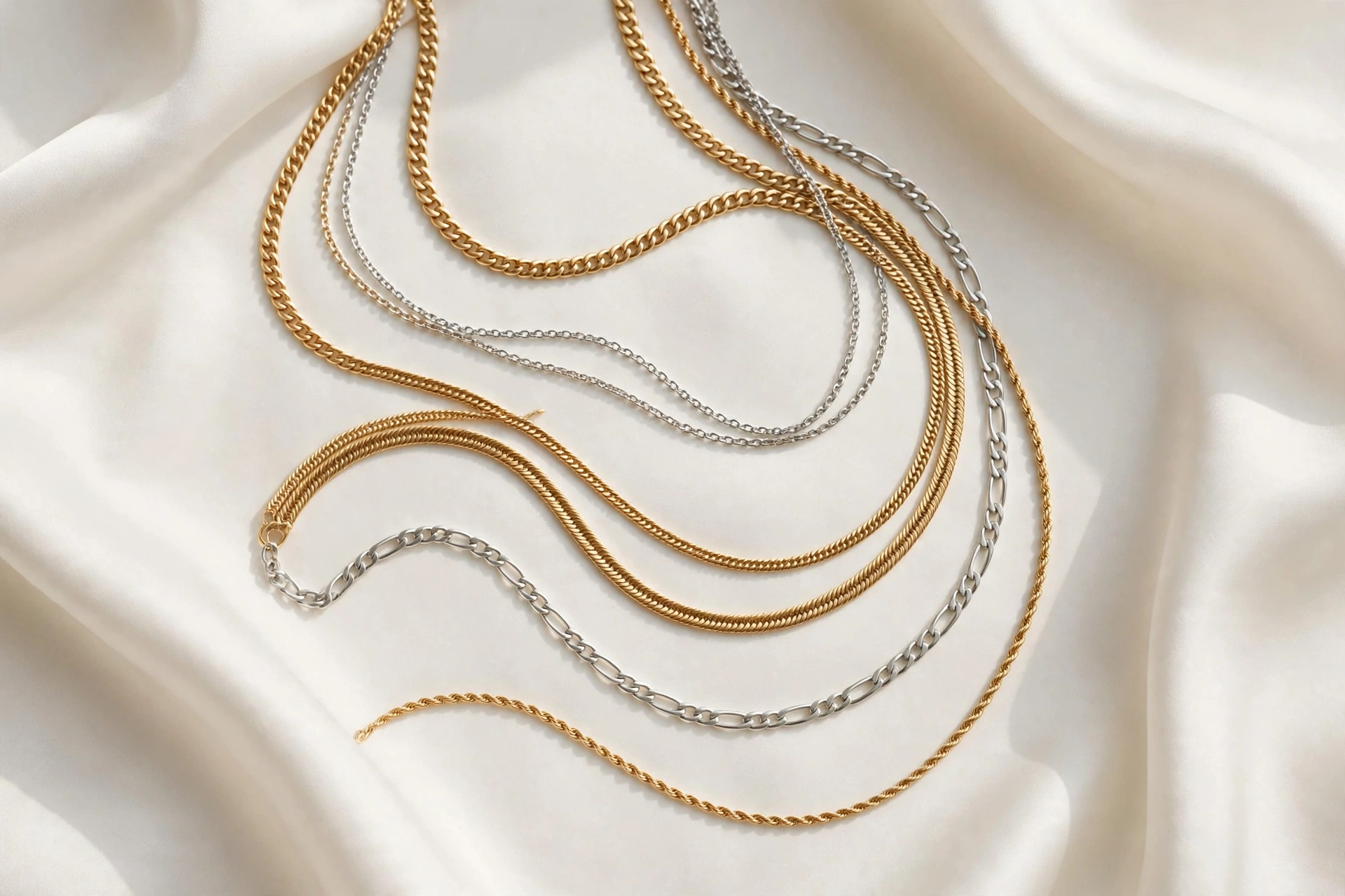 Illustrative styling image of layered chain necklaces arranged together