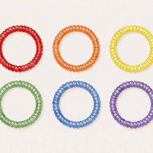 Illustrative multicolour beaded anklets arranged in a set on a plain background