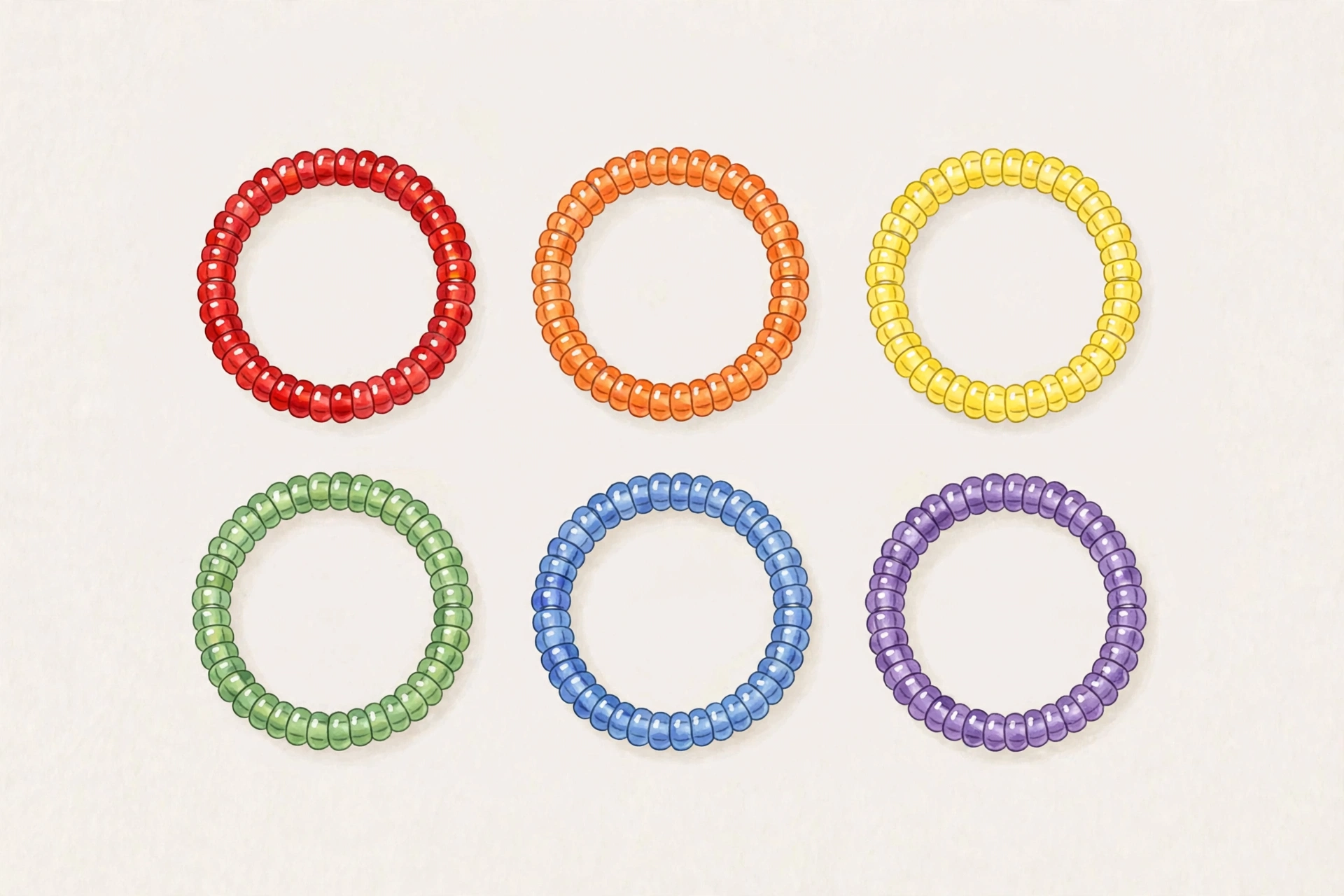 Illustrative multicolour beaded anklets arranged in a set on a plain background
