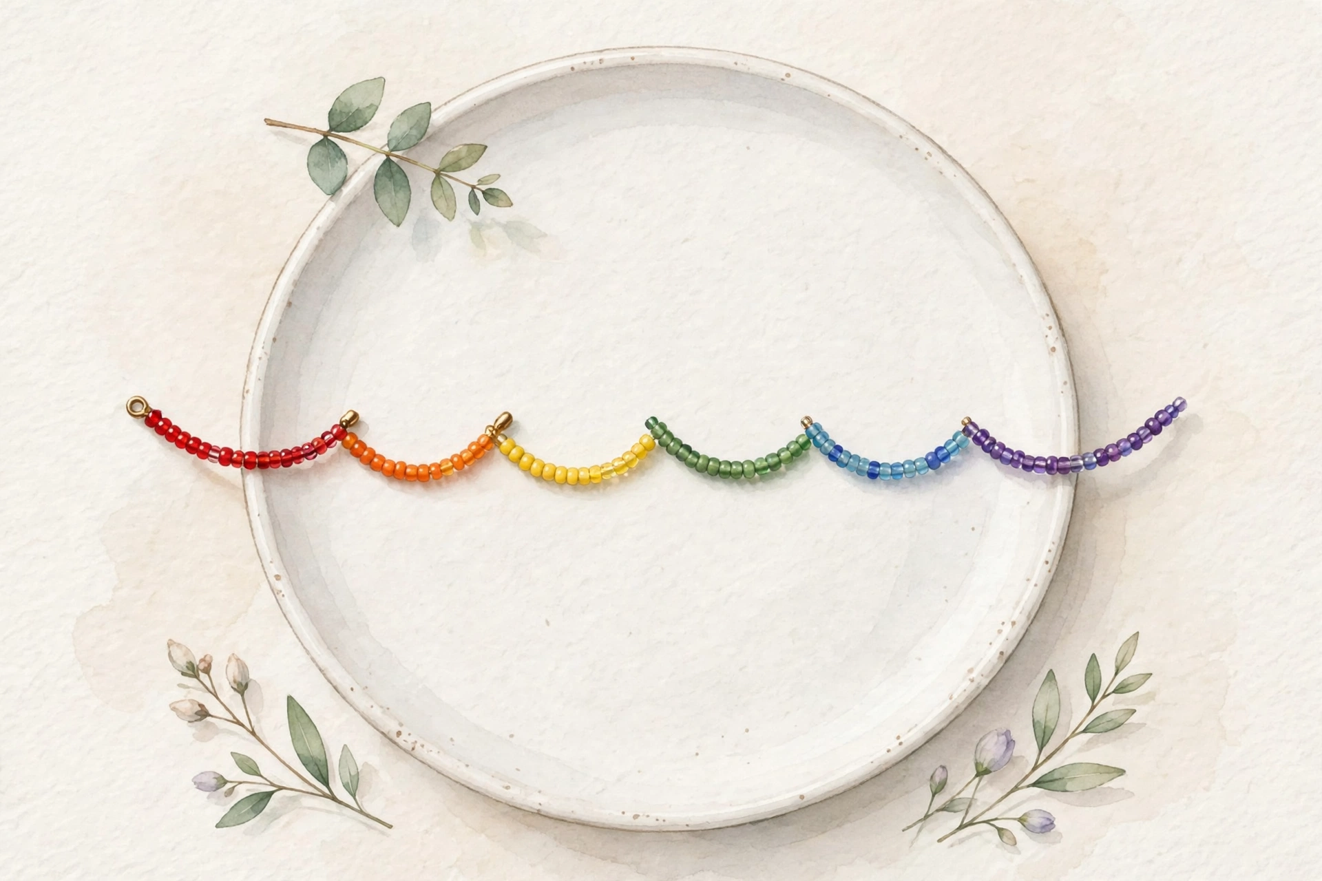 Illustrative rainbow glass seed bead anklets laid out for display