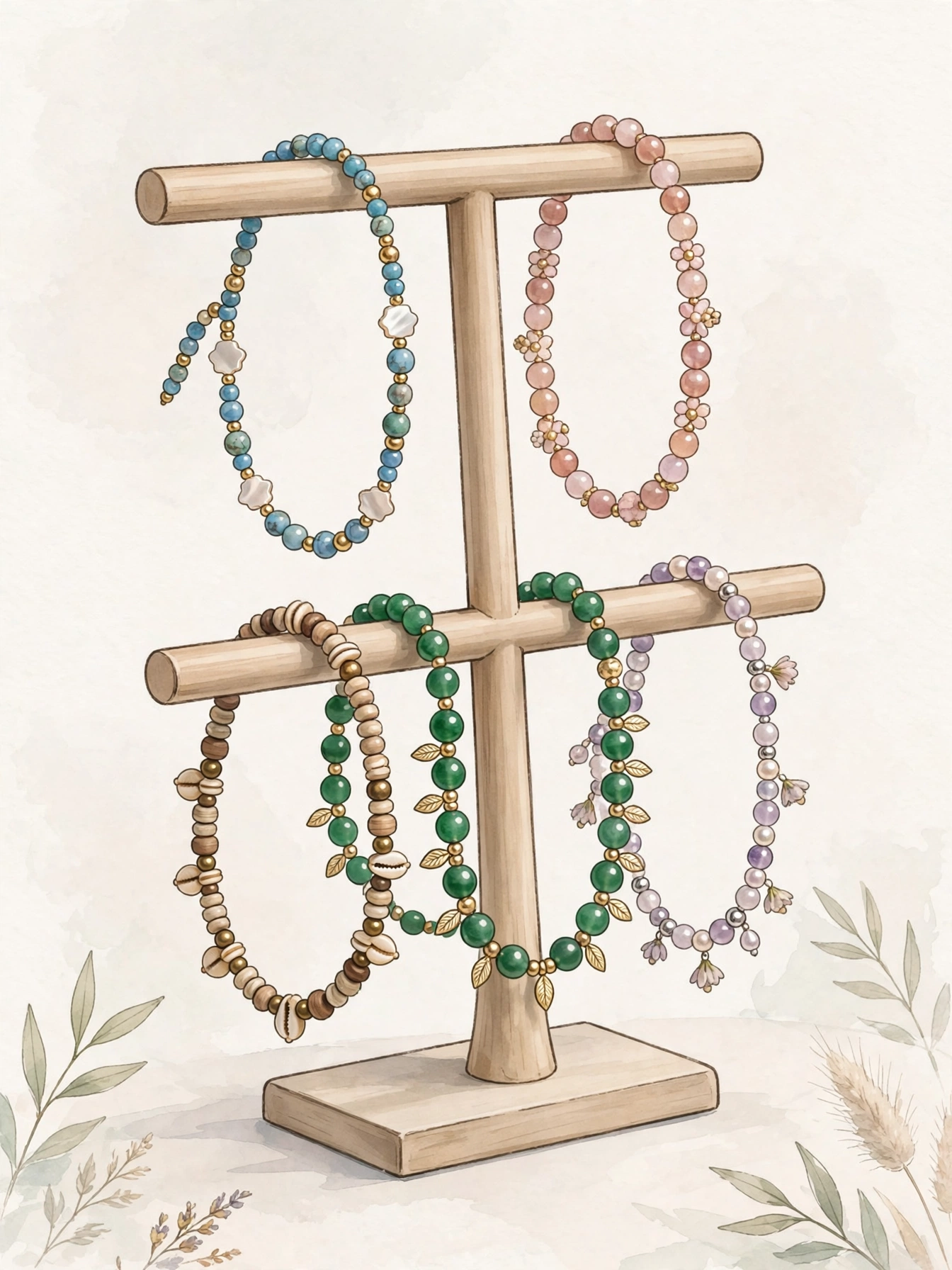 Illustrative beaded stretch anklets styled together on a display stand