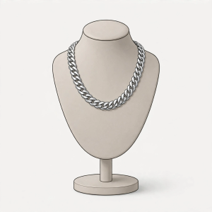 Illustrative stainless steel Cuban link chain necklace on a display stand