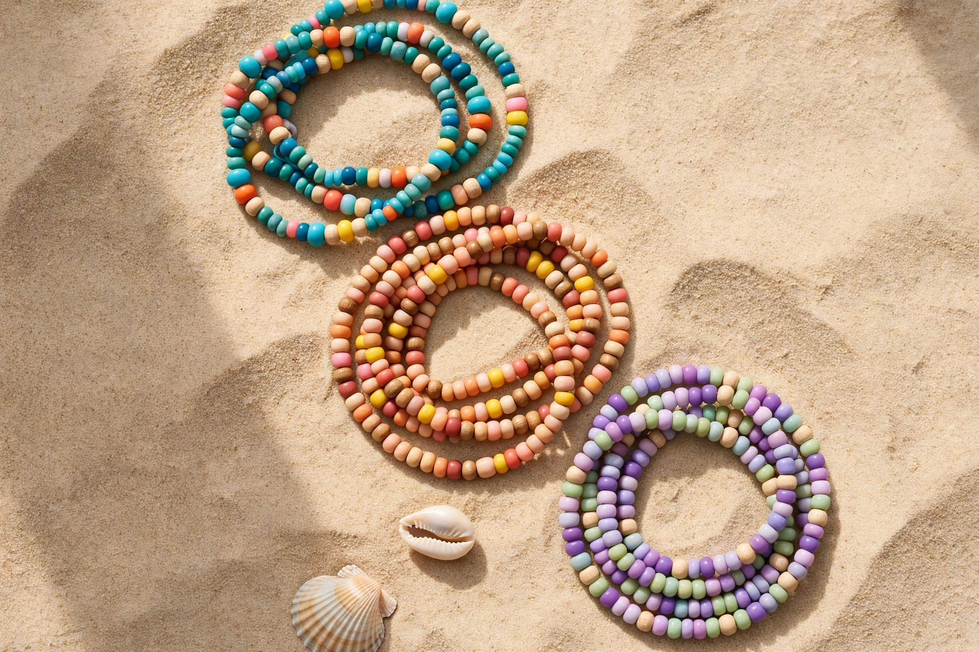 Illustrative styling image of colourful beaded anklets