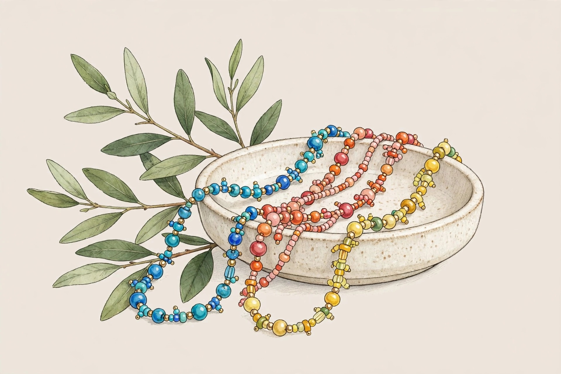 Illustrative styling image of colourful beaded anklets worn together