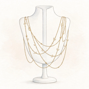 Illustrative delicate gold-toned body chain draped in soft loops on a white display stand