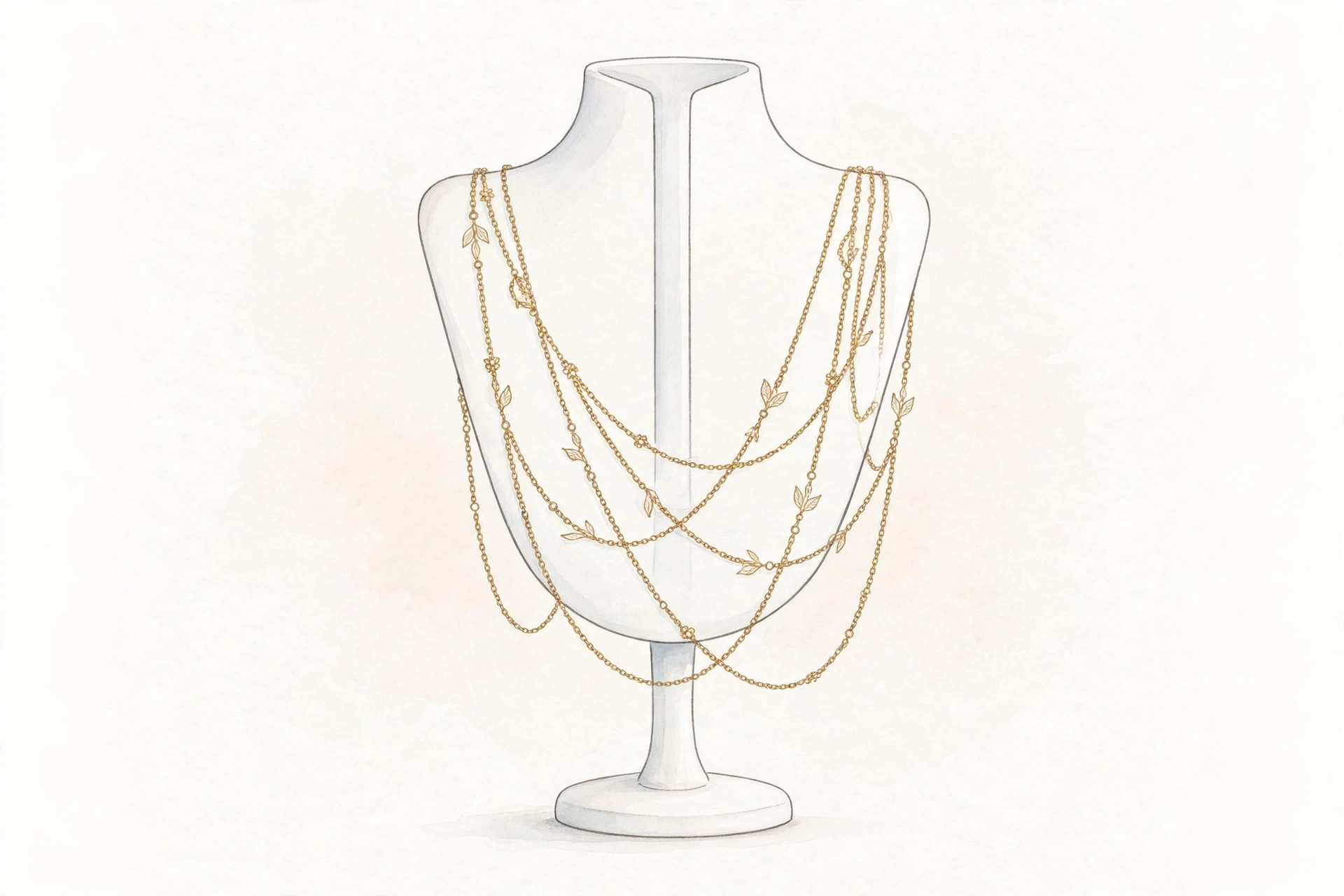 Illustrative delicate gold-toned body chain draped in soft loops on a white display stand