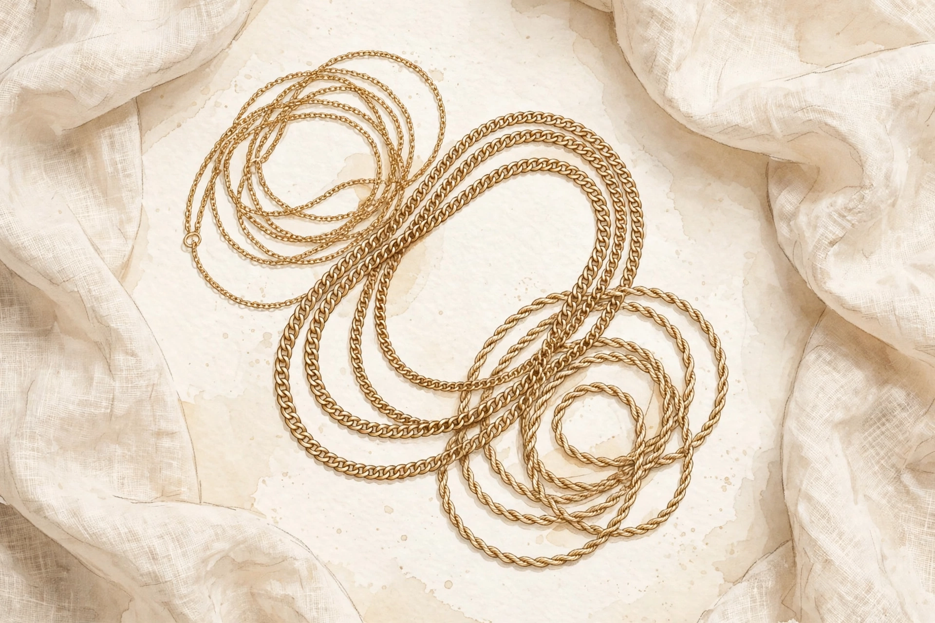 Illustrative fine chain jewellery arranged in layered loops on cream linen
