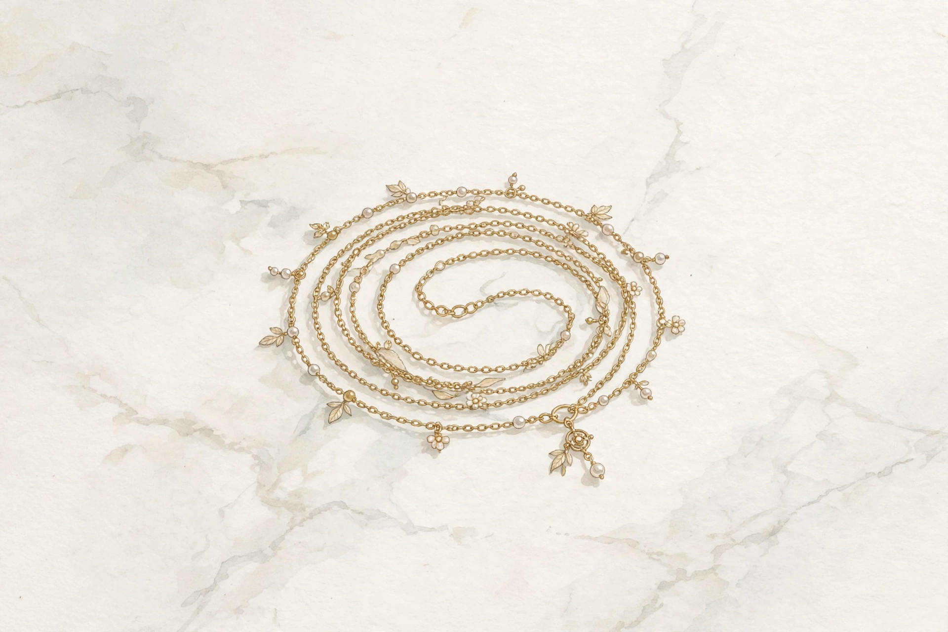 Illustrative delicate waist chain coiled neatly on a pale marble surface