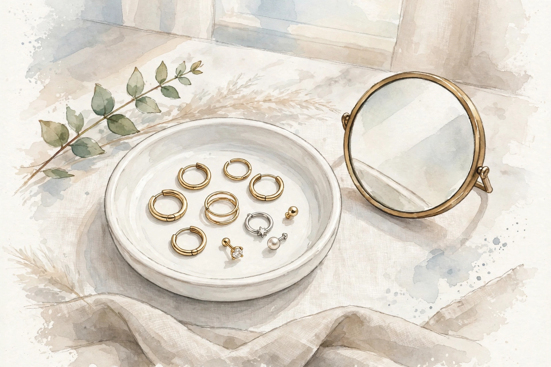 Illustrative styling image of nose rings and studs arranged for everyday wear