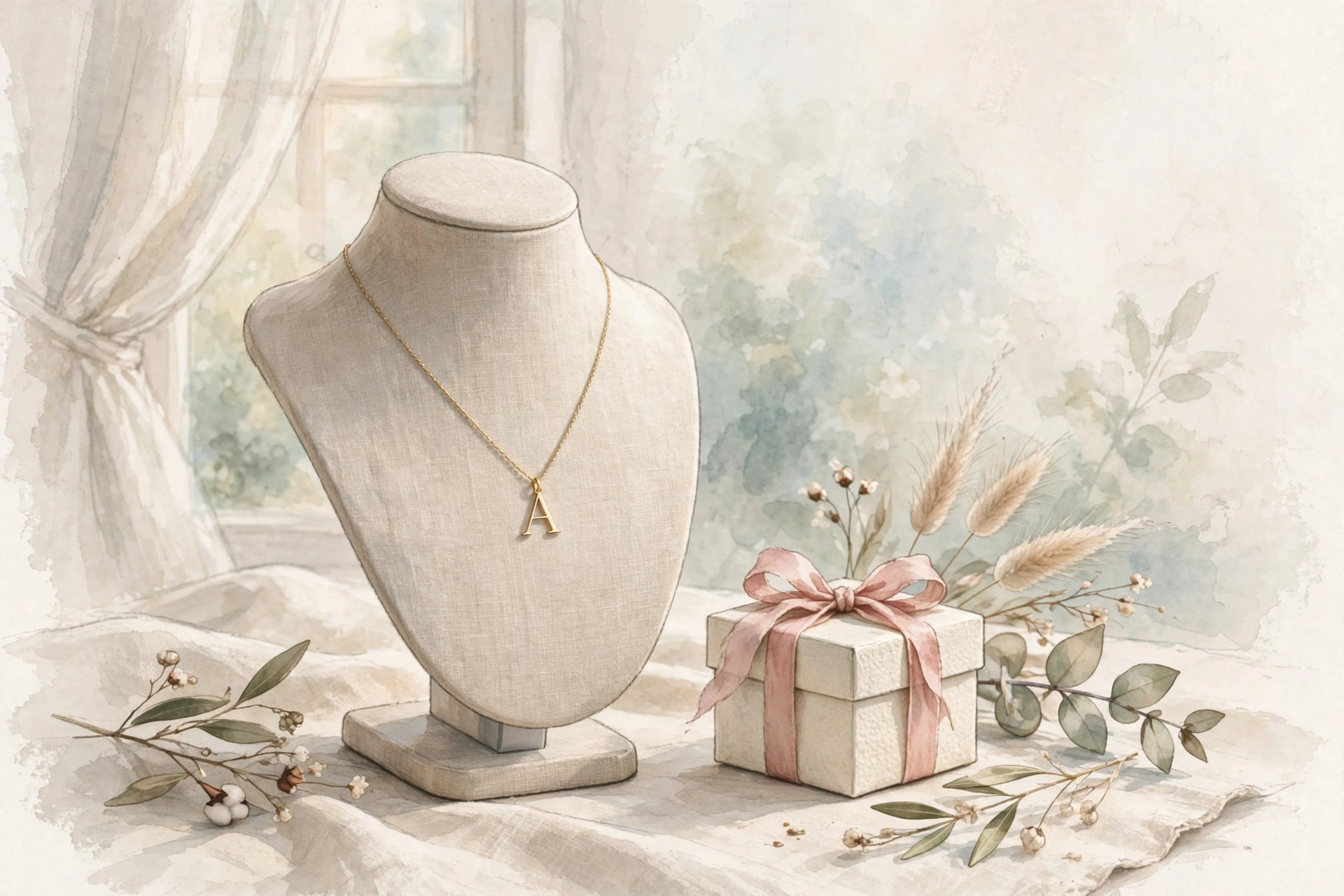 Illustrative styling image of an initial necklace on a display bust