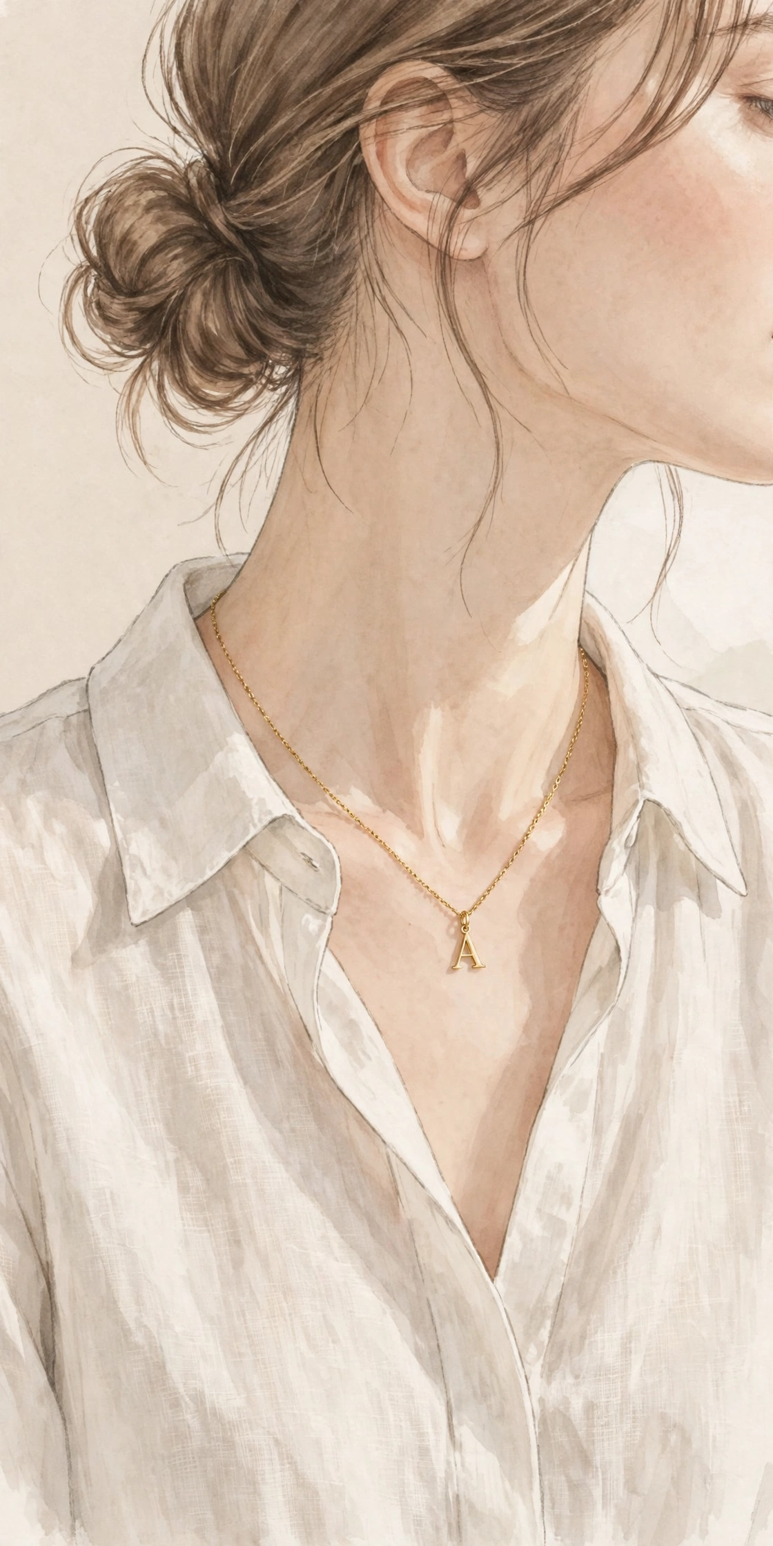 Illustrative styling image of an initial necklace worn by a woman