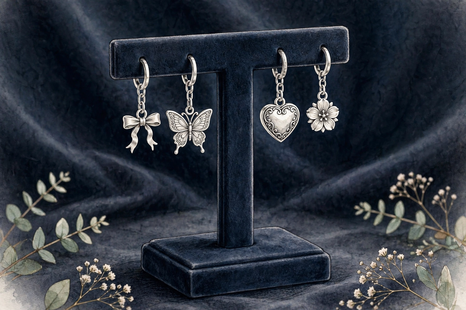 Illustrative styling image of dangling belly button rings arranged for display