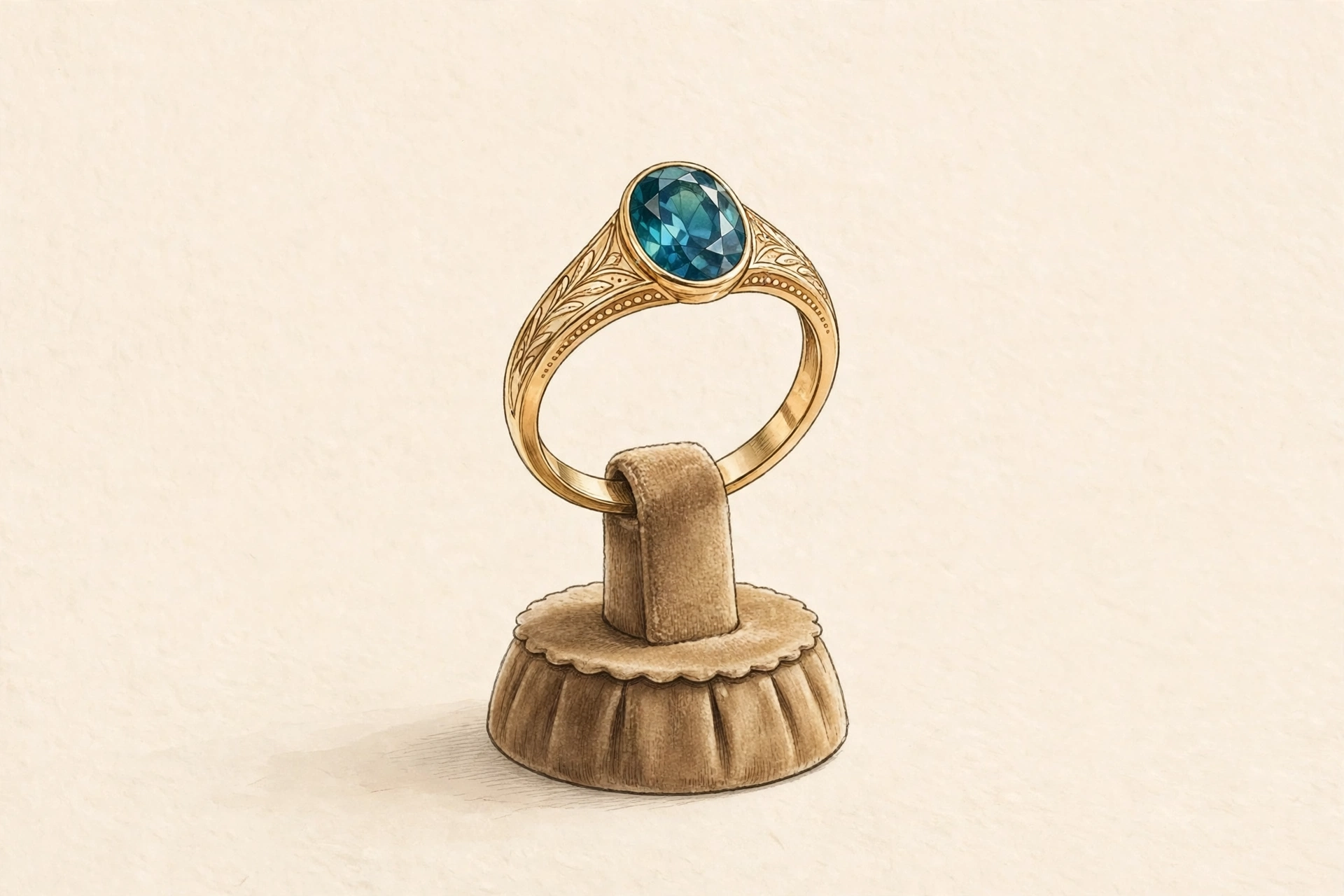 Illustrative styling image of a gold birthstone ring displayed on a stand