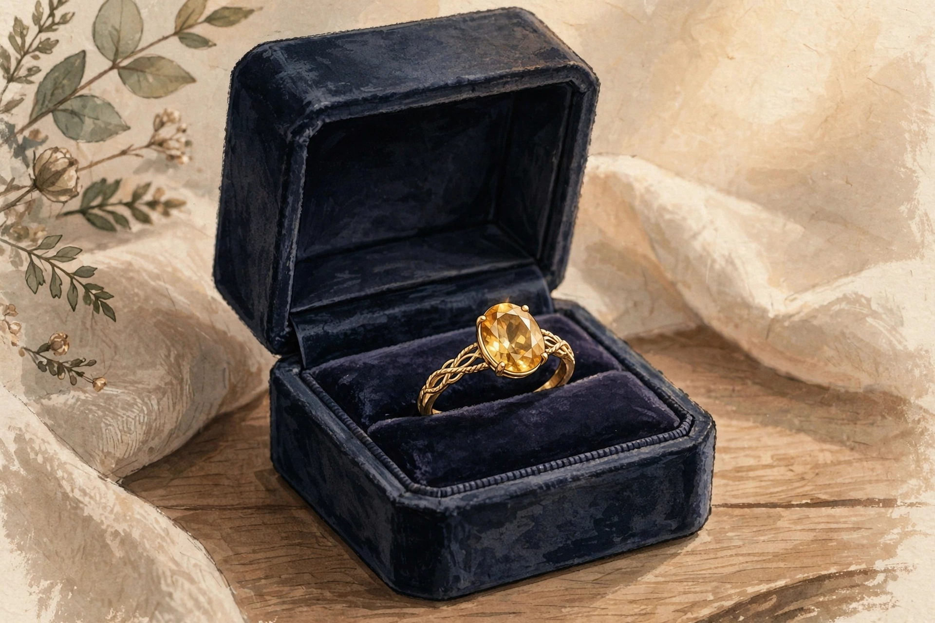 Illustrative styling image of a gold birthstone ring in its presentation box