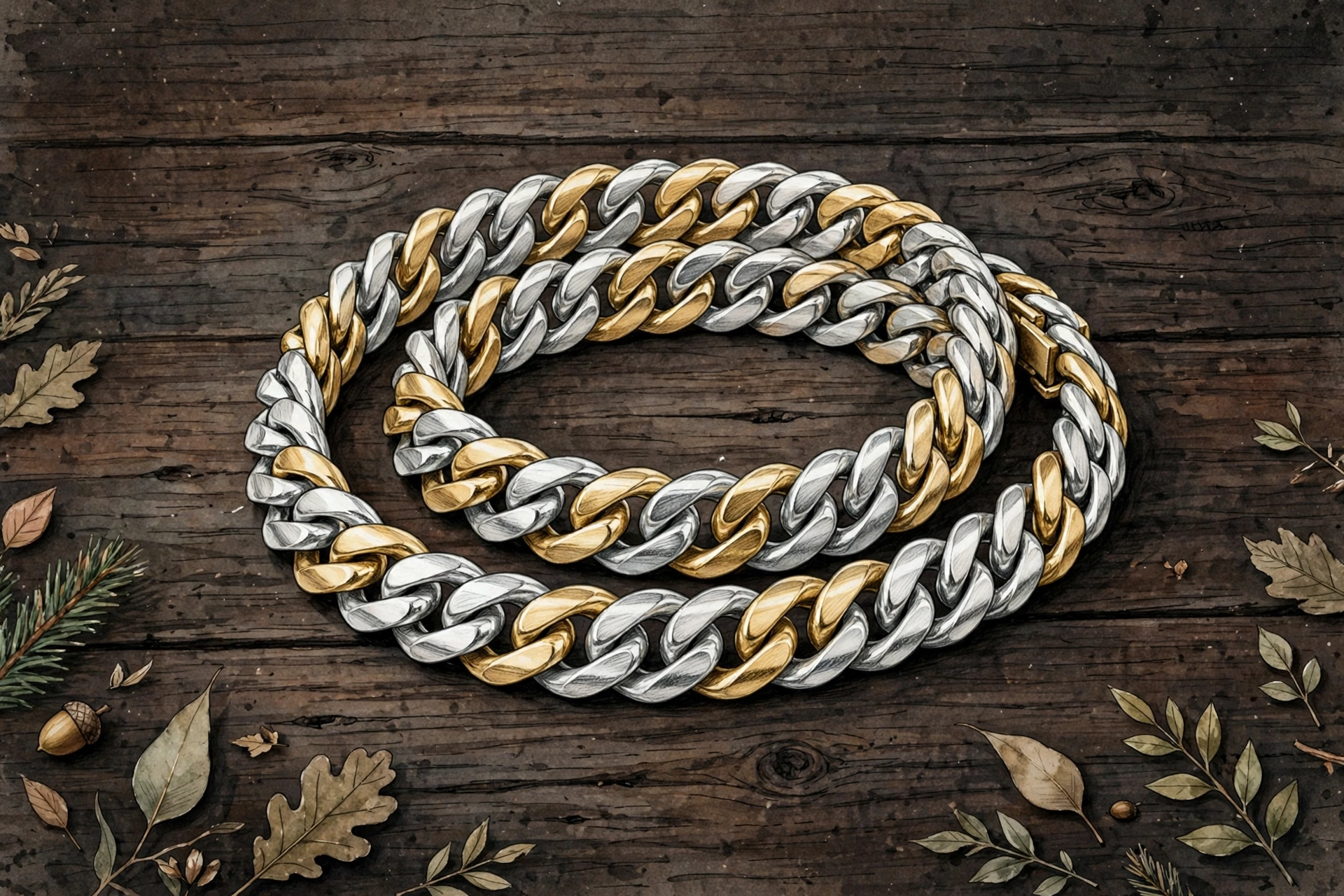 Illustrative two-tone men's bracelet with silver and gold links coiled on dark wood