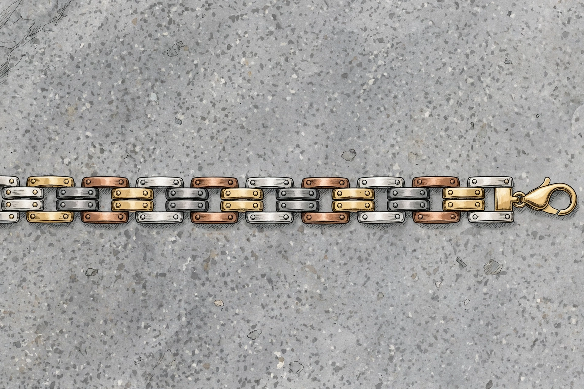 Illustrative men's bracelet in mixed metal tones laid straight on a grey stone surface