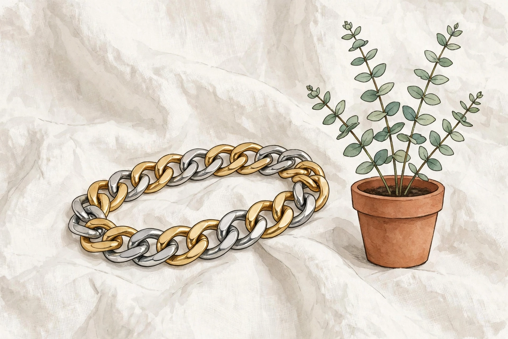 Illustrative two-tone link bracelet resting on white linen beside a small plant
