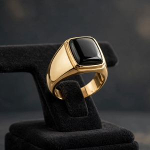 Illustrative styling image of a men's solid yellow gold ring with a black onyx stone on a display stand