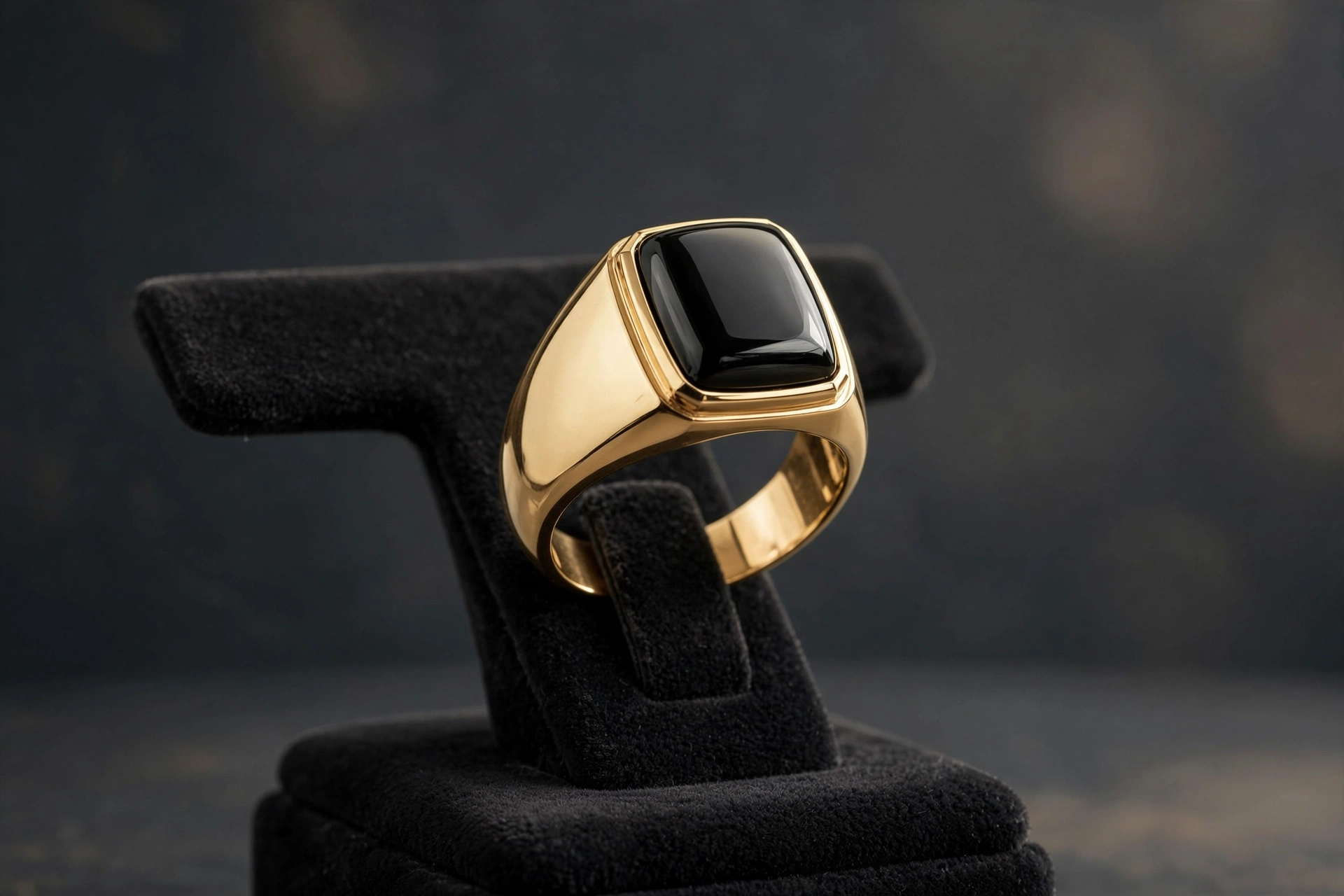 Illustrative styling image of a men's solid yellow gold ring with a black onyx stone on a display stand