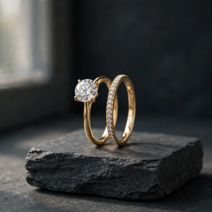 Illustrative styling image of an engagement ring set