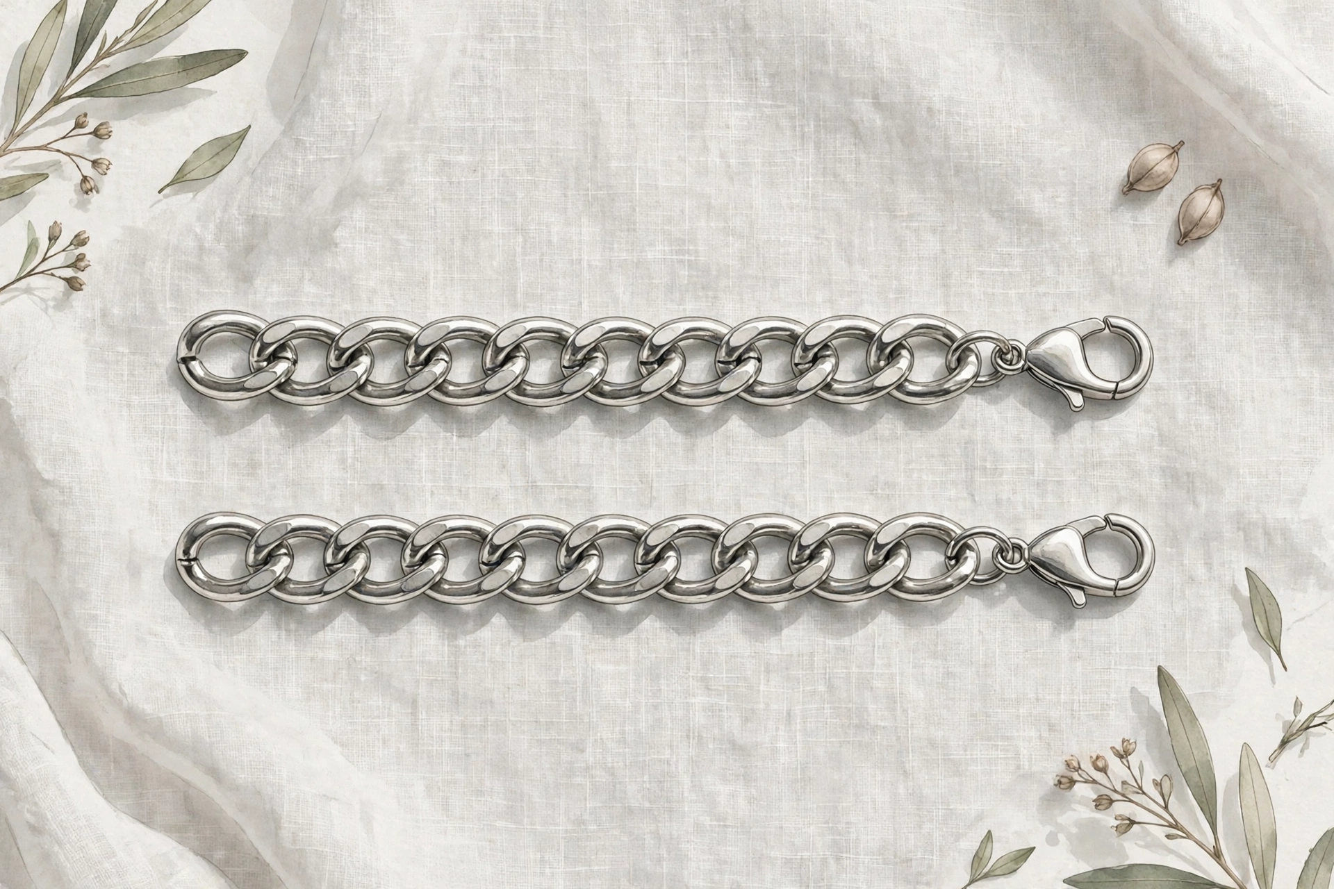 Illustrative styling image of chunky chain anklets arranged for display