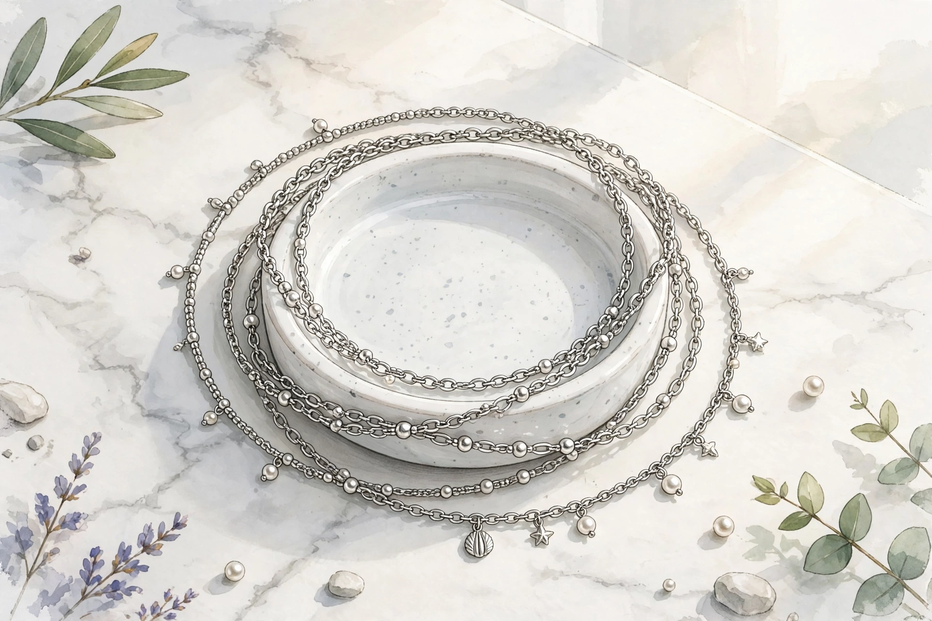 Illustrative styling image of layered chain anklets worn together