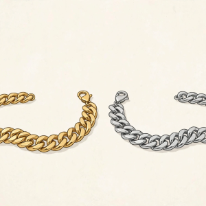 Illustrative chunky gold and silver toned Cuban link anklets on a plain background