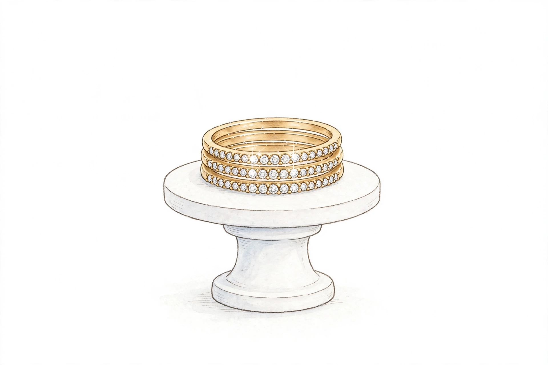 Illustrative dainty gold-toned stackable bands with clear stones arranged on a white pedestal