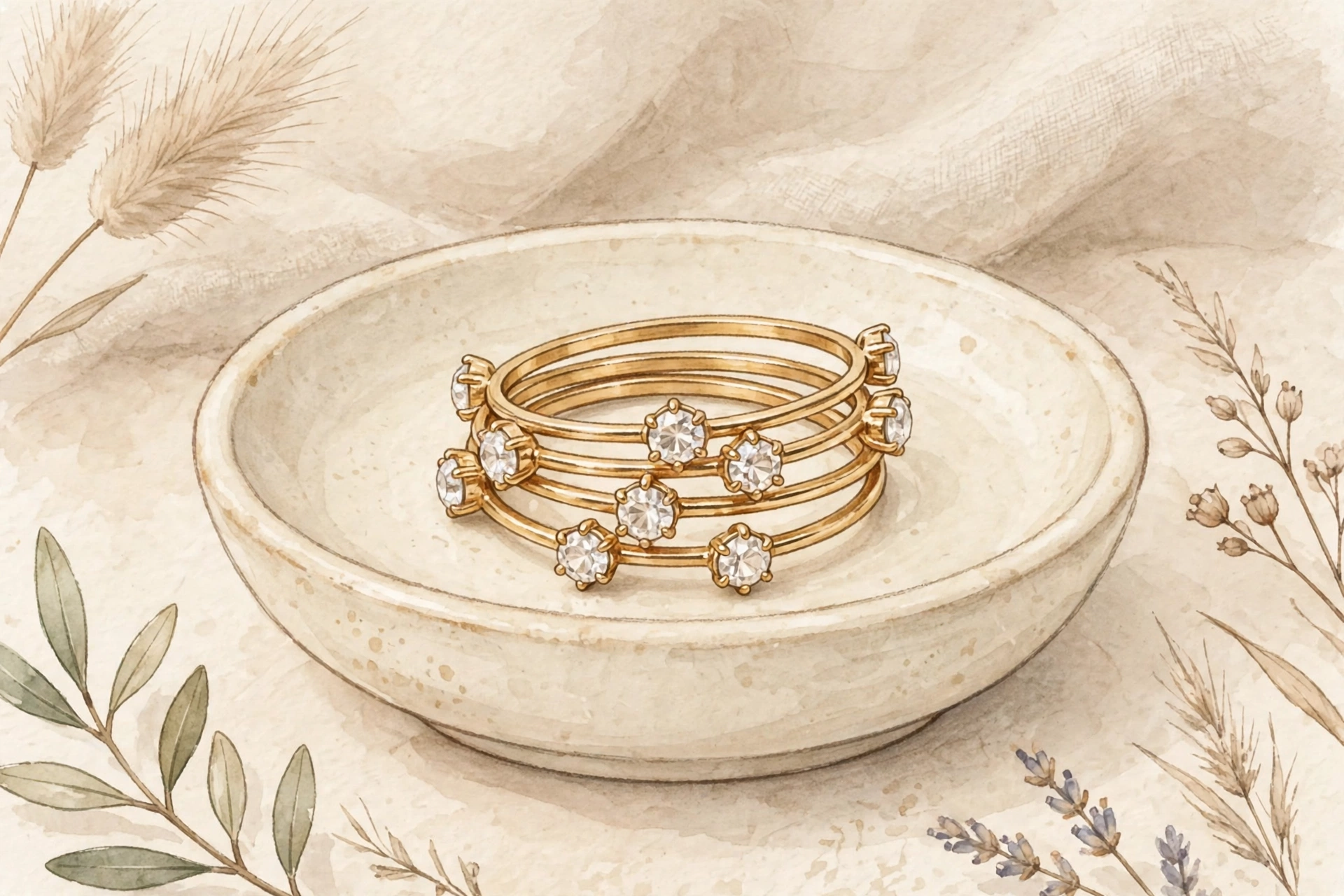 Illustrative slim gold-toned bands stacked together on a cream ceramic dish