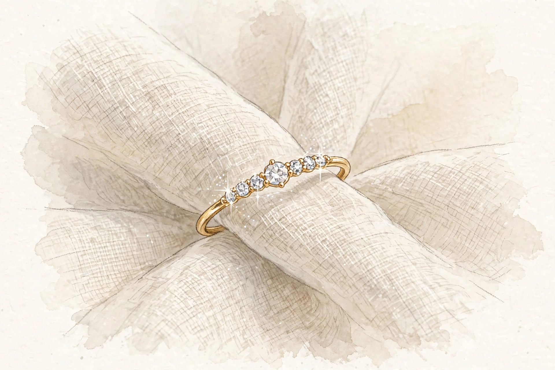 Illustrative single dainty gold-toned band with sparkling stones on soft linen