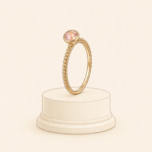 Illustrative dainty gold-toned birthstone ring on a display stand