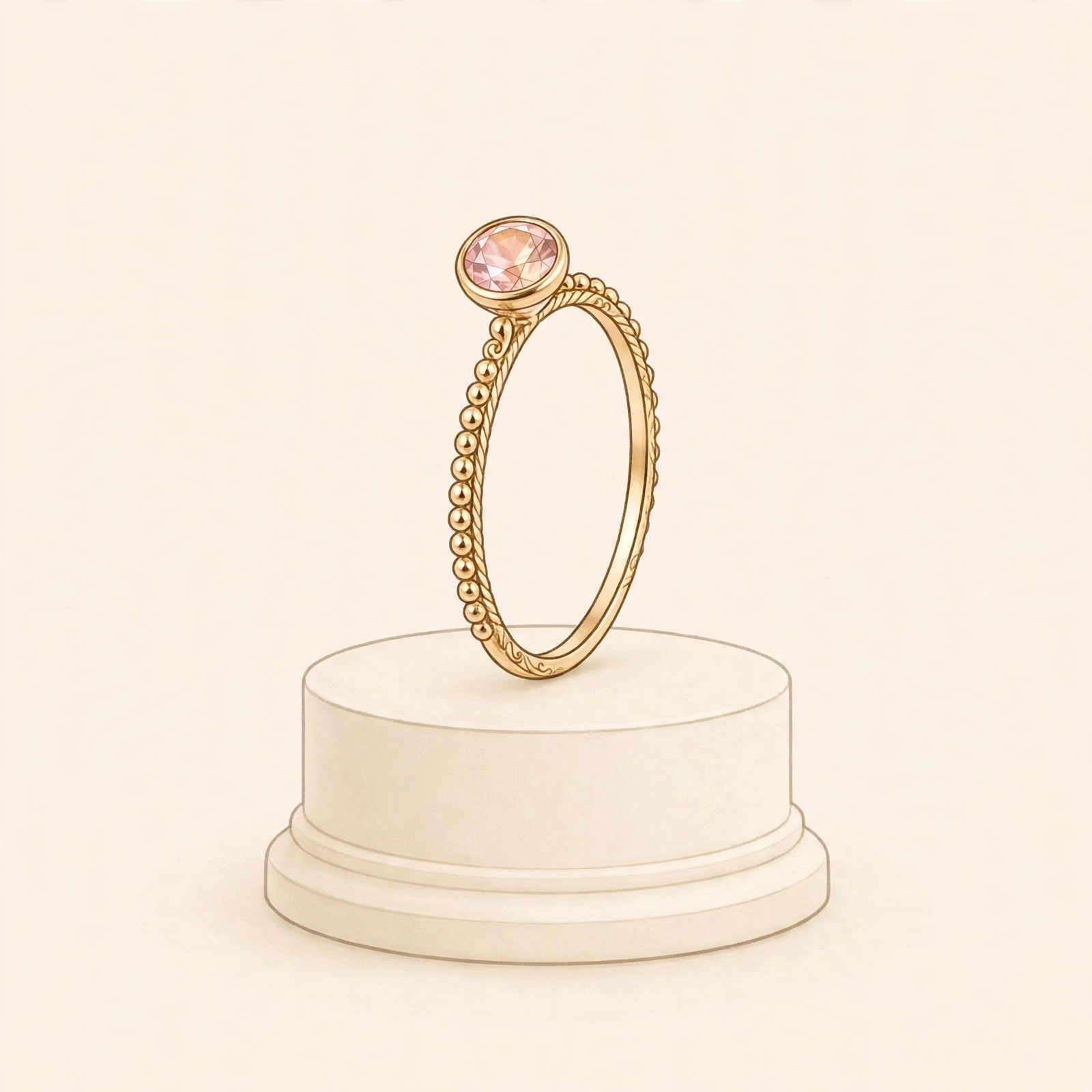Illustrative dainty gold-toned birthstone ring on a display stand