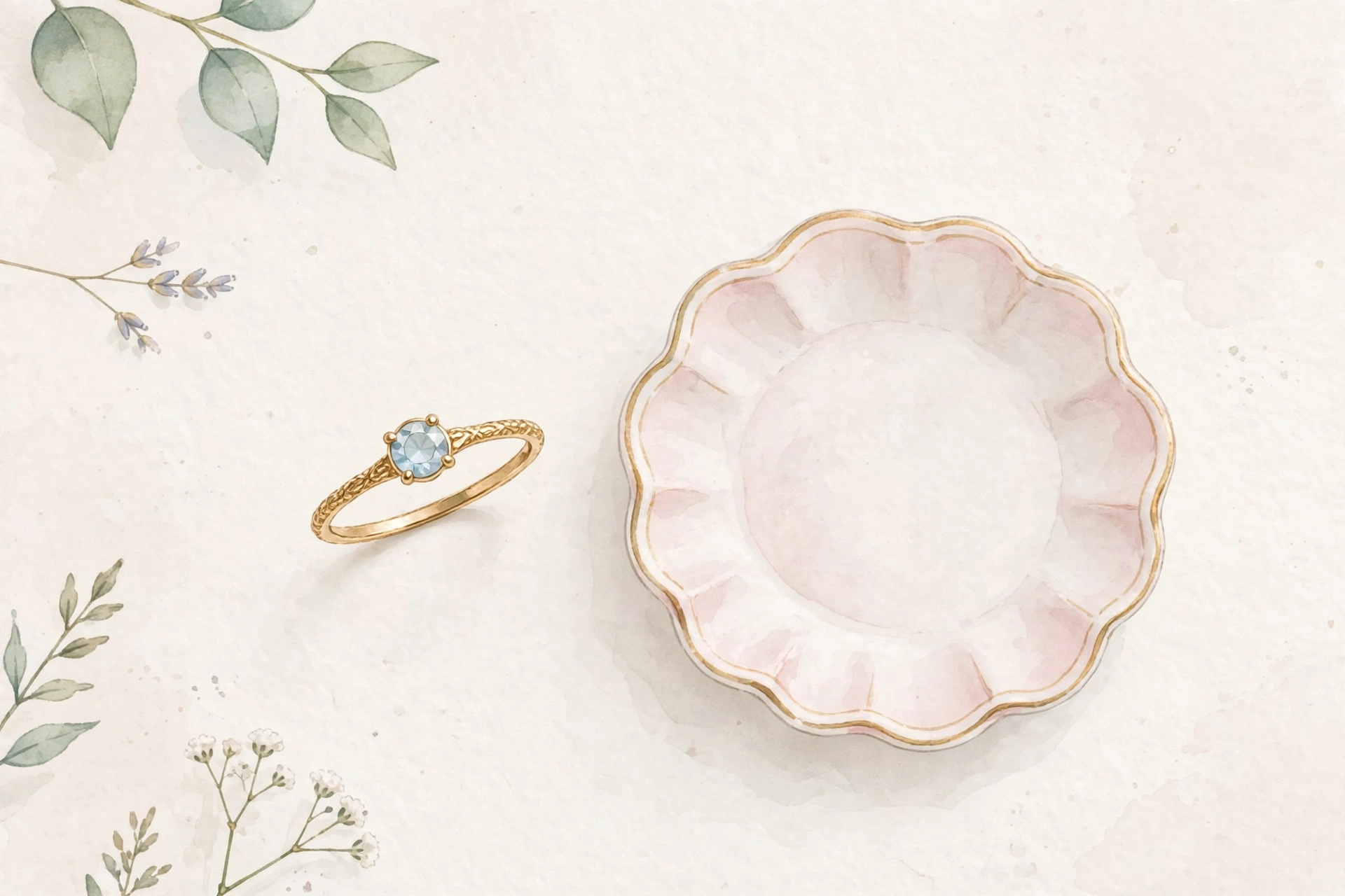 Illustrative dainty gold birthstone ring beside a small jewellery dish