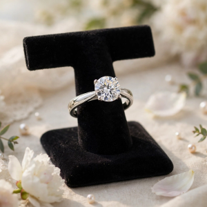Illustrative styling image of a sterling silver engagement ring set on a display stand