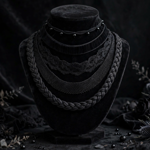 Illustrative styling image of black stretch choker necklaces on a velvet display stand